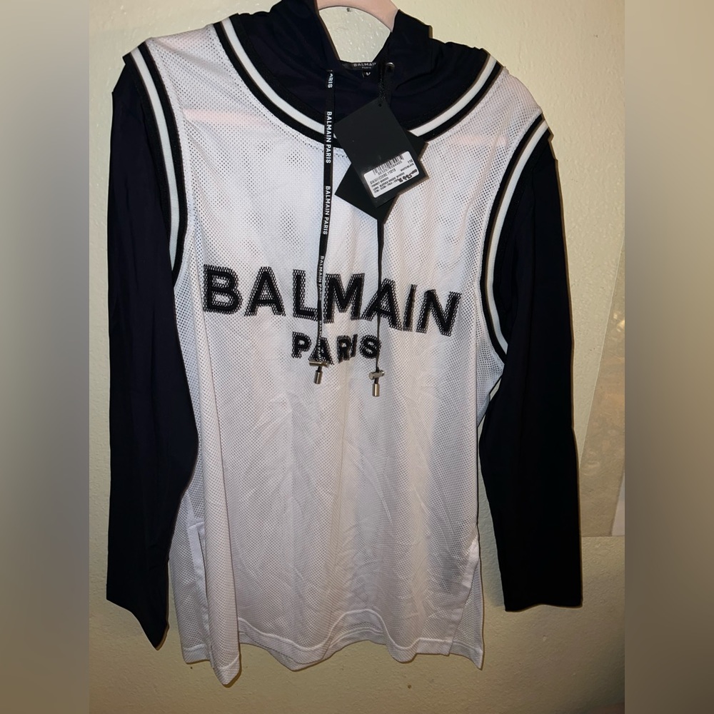 BALMAIN PARIS FISHNET BONDED HOODIE SWEATER NWT NO FLAWS SIZE M